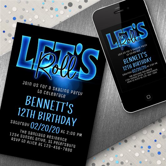 Roll Blue Neon Patinage Anniversaire Invitation