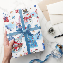 Roll, Name Holiday Snowmen Familie Rood-Blauw Patr Cadeaupapier
