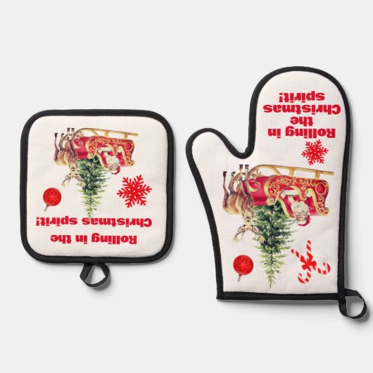 Rollen in de kerstgeest wit ovenwant & pannenlap set (Voorkant)