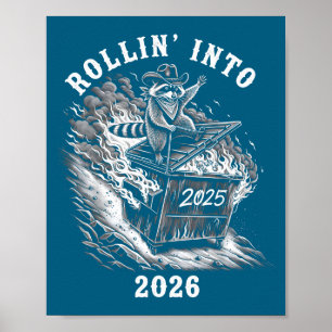 Rollend naar 2026 Wasbeer Grappige Afvalbak Brand Poster