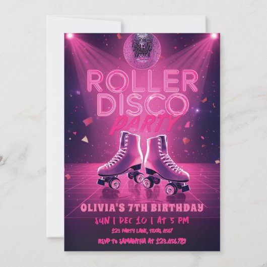 Roller Disco Party Birthday Invitation | Neon Pink Kaart (Voorkant)