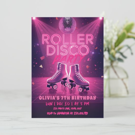 Roller Disco Party Birthday Invitation | Neon Pink Kaart (Staand voorkant)