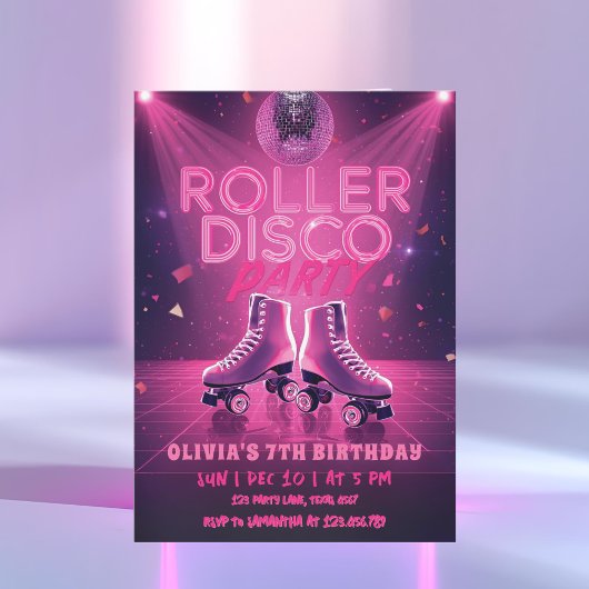 Roller Disco Party Birthday Invitation | Neon Pink Kaart