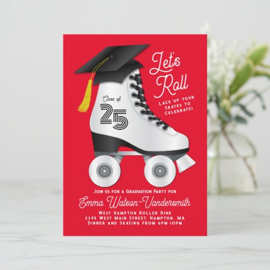 Roller Patinage Graduation Party Invitation Rouge (Debout devant)