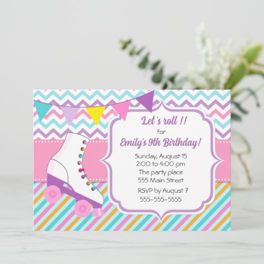 Roller patins fille invitation anniversaire rose b (Debout devant)