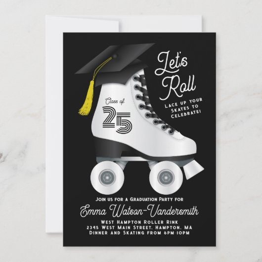 Roller Schaats Graduation Party Invitation Black Kaart (Voorkant)