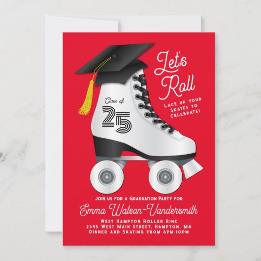 Roller Schaats Graduation Party Invitation Red Kaart (Voorkant)
