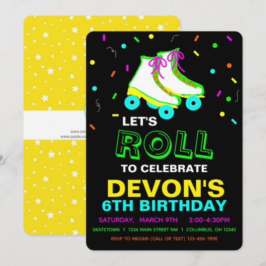 Roller Schaats Neon Birthday Party Kaart (Voorkant / Achterkant)