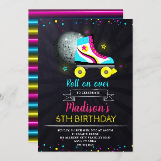 Roller Schaatsen Birthday Invite Kaart (Voorkant / Achterkant)