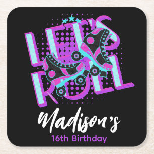 Roller Schaatsen Sweet 16 Theme Birthday Party Vierkante Kartonnen Onderzetter