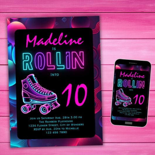 Roller Sjaatsfeest Meisjes Neon Glow Verjaardag Kaart