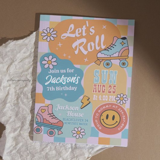 Roller Skate Birthday Party - Retro Groovy Boy Kaart