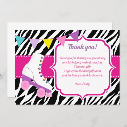 Roller Skates Zebra Carte de remerciements d'anniv (Devant / Derrière)