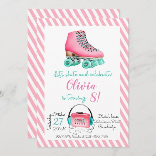 Roller Skating Birthday Invitation Kaart (Voorkant / Achterkant)