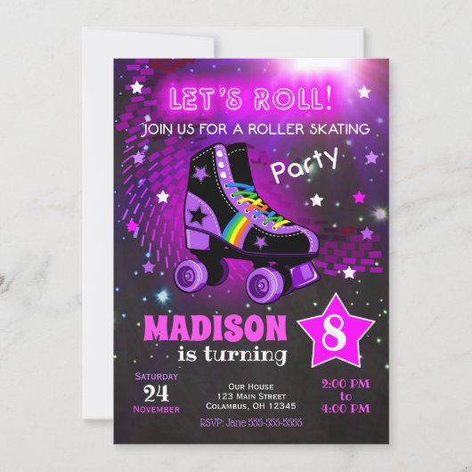 Roller Skating Birthday Party Invitation / Neon (Devant)