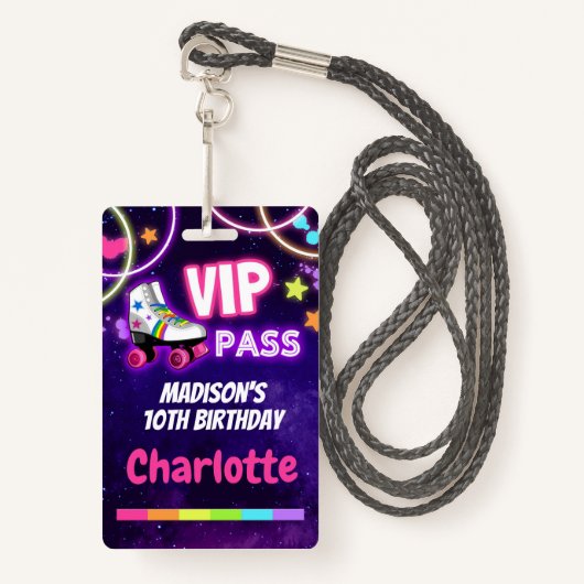 Roller Skating Birthday VIP Pass Lanyard Badge (Voorkant met draagriem)