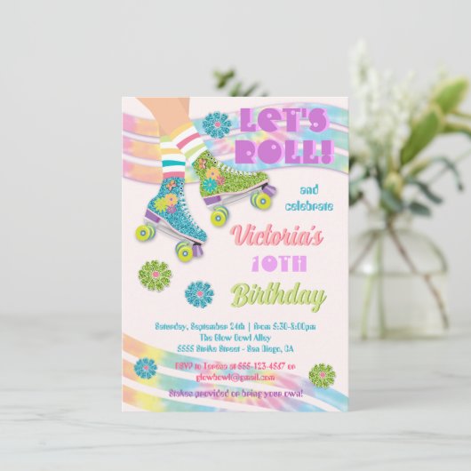 Roller Skating Retro Glitter Hippie Birthday Kaart (Staand voorkant)