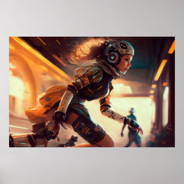 Rollerderby Woman in een stad van de toekomst Poster