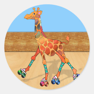 Rollerschaatsen Giraffe bij de Rollenroze Ronde Sticker