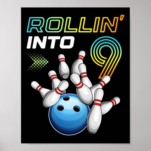 Rollin in 9 Retro Bowling Birthday Party 9th Bir Poster (Voorkant)