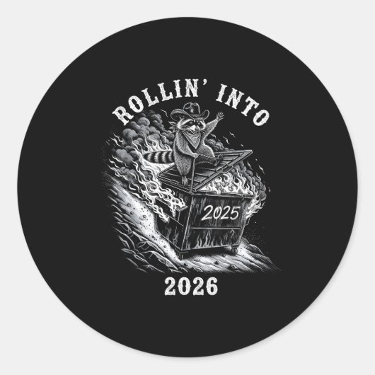Rollin' Into 2026 Funny Cowboy Raccoon Happy New Y Ronde Sticker (Voorkant)