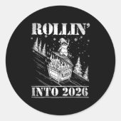 Rollin' Into 2026 Funny Raccoon Dumpster Fire Art Ronde Sticker (Voorkant)