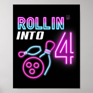 Rollin' Into 4 Verjaardag Party Bowling Bday Party Poster