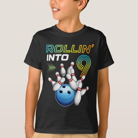 Rollin Into 9 Retro Bowling Birthday Party 9th Bir T-shirt (Voorkant)