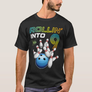 Rollin Into 9 Retro Bowling Birthday Party 9th Bir T-shirt