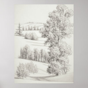 Rolling hills and trees Sketch, vintage etching, Poster