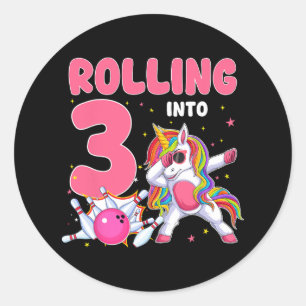 Rolling in 3 3e verjaardag Unicorn Bowling 3 jaar Ronde Sticker