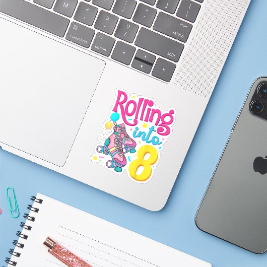 Rolling Into 8 Years Old 8th Birthday Cute Skating Sticker (Laptop met iPhone)