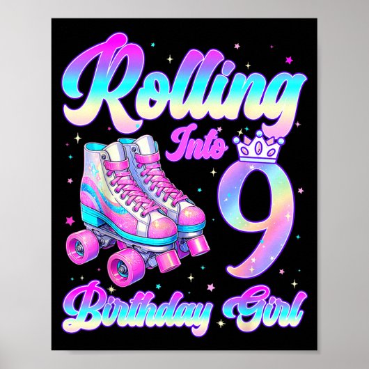 Rolling Into 9 Year Old Roller Skating 9th Birthda Poster (Voorkant)