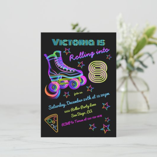 Rolling Neon Roller Schaatsen Verjaardagsfeest Kaart (Staand voorkant)