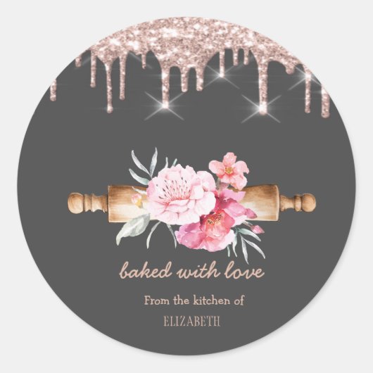 Rolling Pin Flowers Rose Gold Drips Bakery   Ronde Sticker (Voorkant)