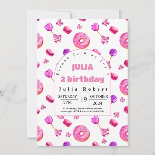 Rolschaatsen dessert donuts Verjaardag roze paarse Kaart (Voorkant)