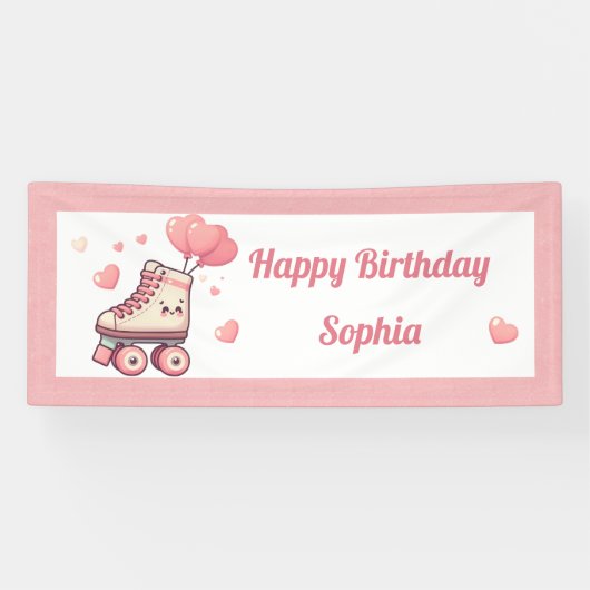 Rolschaatsen Roze Hart Meisje Verjaardagsfeestje Spandoek (Horizontaal)