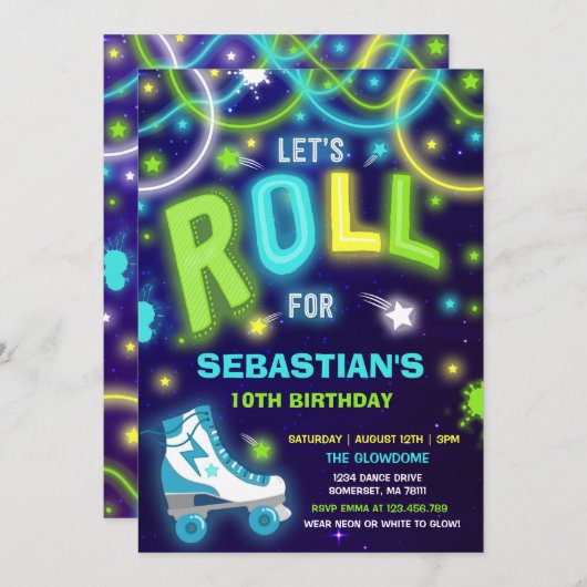 Rolschaatsen Uitnodiging Neon Glow Skating Party (Voorkant / Achterkant)