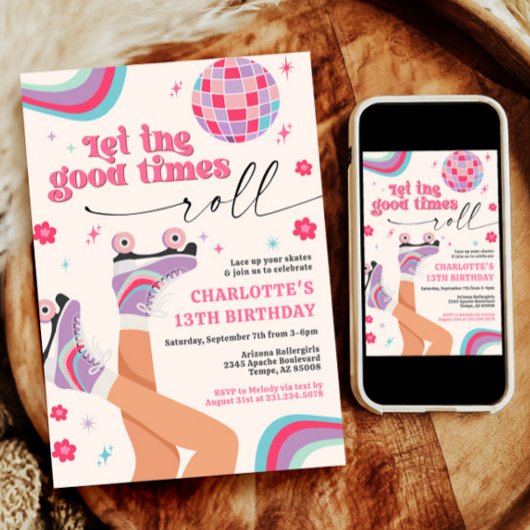 Rolschaatsen Verjaardag Uitnodiging Retro Rainbow