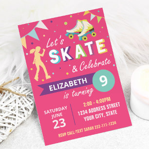 Rolschaatsen verjaardagsfeestje uitnodiging in roz