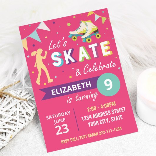 Rolschaatsen verjaardagsfeestje uitnodiging in roz