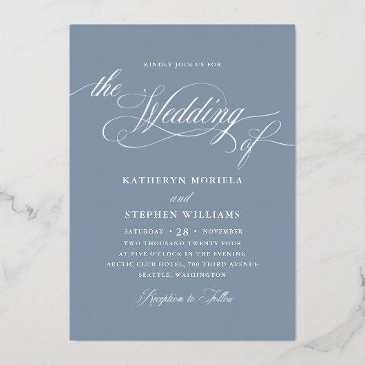 Roman Classic Script Calligraphy Wedding Silver Folie Uitnodiging (Voorkant)