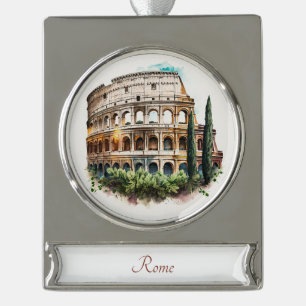 Roman Coliseum Travel Art Waterverf Ornament Verzilverd Banner Ornament