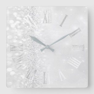 Roman Numbers Silver Gray Glitter Glam Vierkante Klok