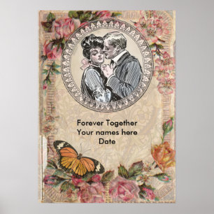  Romance paar Antiek Rozen bruiloft Poster