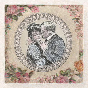 Romance paar: Antiek Rozen Girly Love Glazen Onderzetter