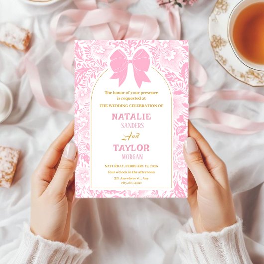 Romance Valentine’s Day Pink Bow Floral Wedding Kaart