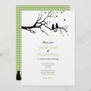 Romancing Black Cats in Tree Green Gingham Wedding Kaart