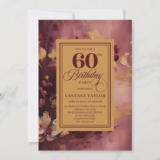 Romantic 60th Birthday Burgundy Floral Gold Invite Kaart (Voorkant)