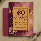 Romantic 60th Birthday Burgundy Floral Gold Invite Kaart